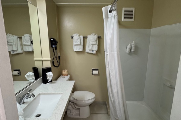 Combined shower/tub, free toiletries, towels