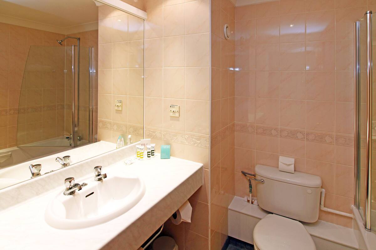 A bathroom with a large mirror, a sink, a toilet, and a shower.