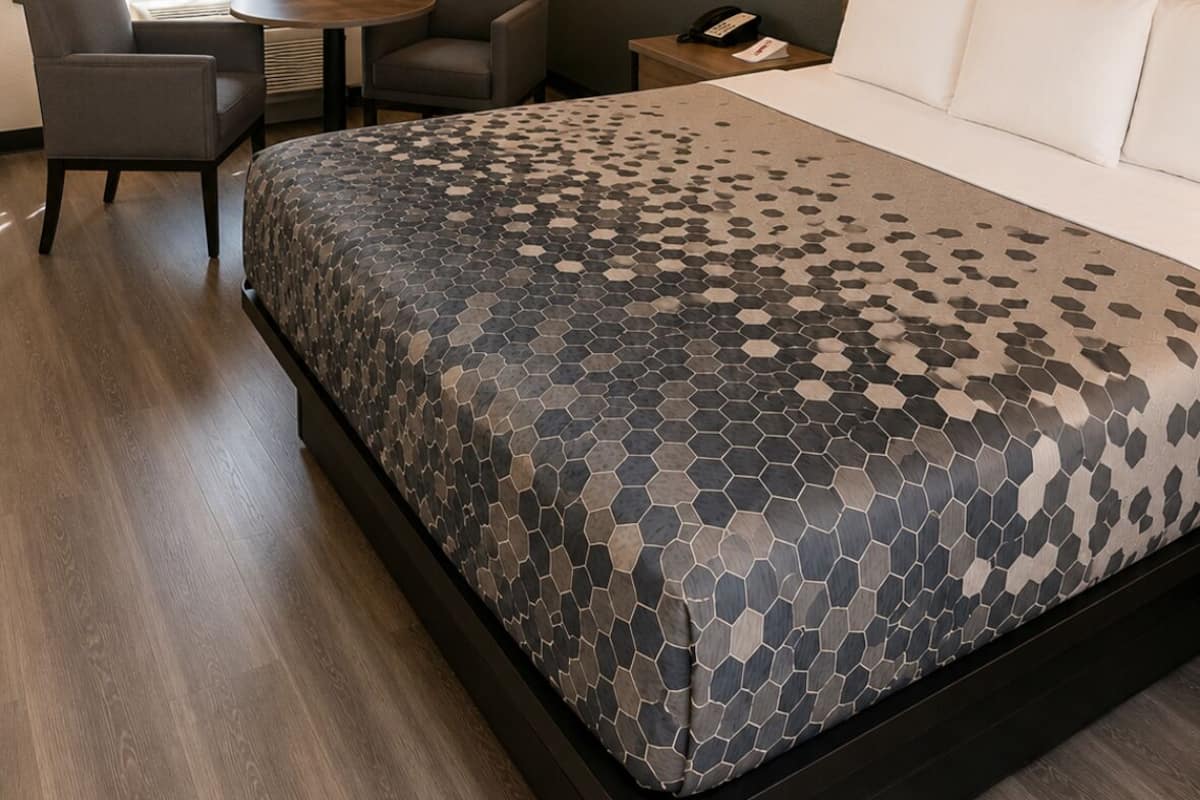 A hotel room with a large bed, a desk, two chairs, a phone, and a wall-mounted light.
