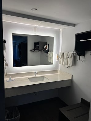 A modern bathroom with a large mirror, a sink, a towel rack, and a hairdryer. - Clarion Pointe (Dublin)