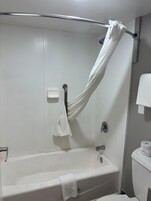 Un baño con bañera, cortina de ducha y retrete.