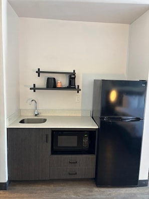 A kitchen with a black refrigerator, a microwave, a sink, and a coffee maker on a shelf. - Clarion Pointe (Dublin)