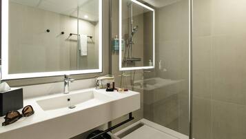 Eco-friendly toiletries, hair dryer, towels, soap