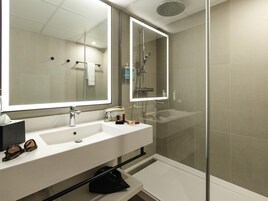 Eco-friendly toiletries, hair dryer, towels, soap