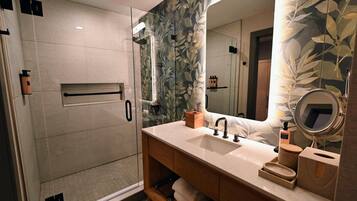 Combined shower/tub, free toiletries, hair dryer, towels