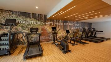 A gym with treadmills, stationary bikes, and elliptical machines.