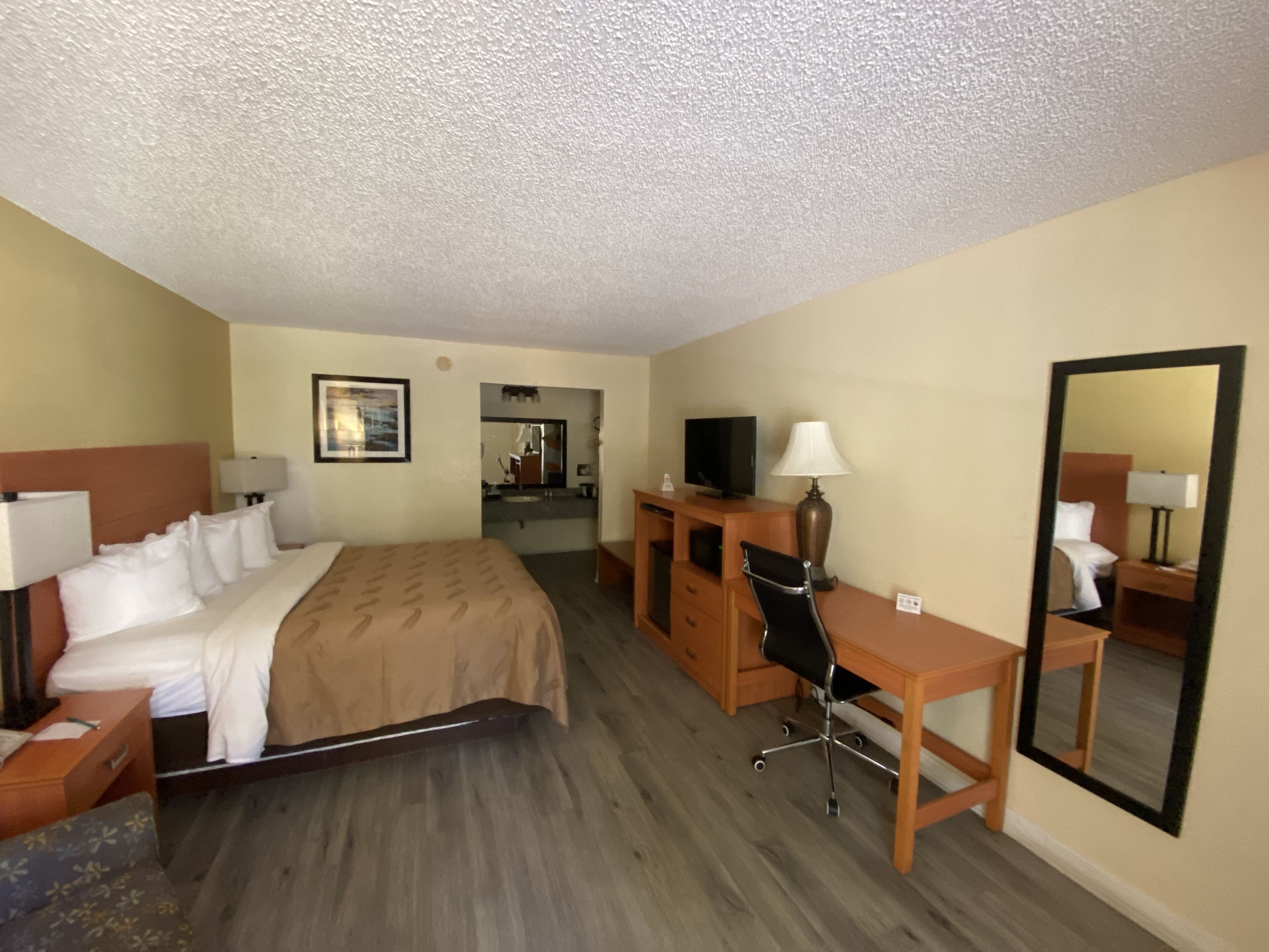 A hotel room with a bed, desk, chair, television, and a mirror.