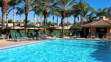 Outdoor pool, pool umbrellas, sun loungers