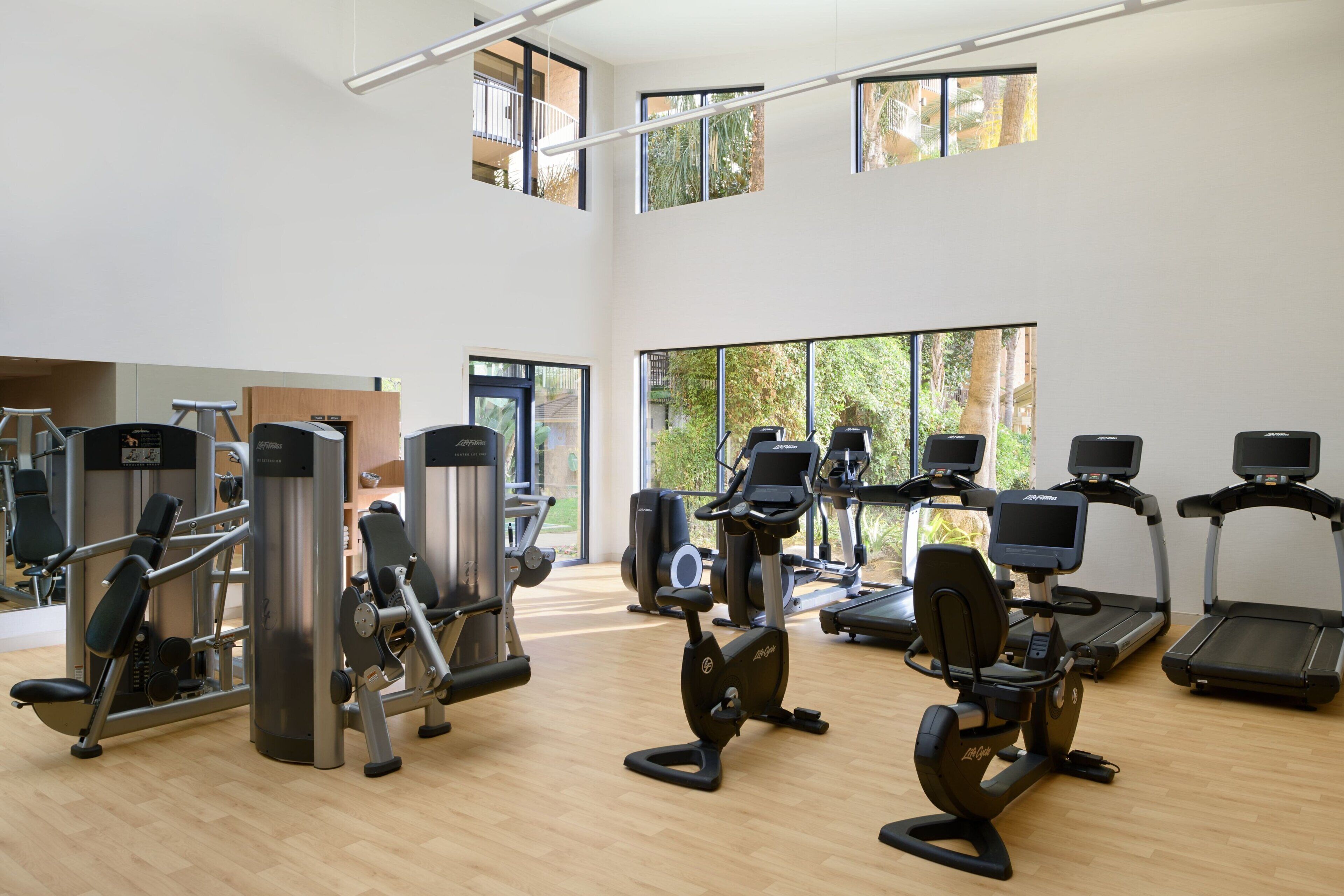 A gym with various exercise equipment, large windows, and a high ceiling.