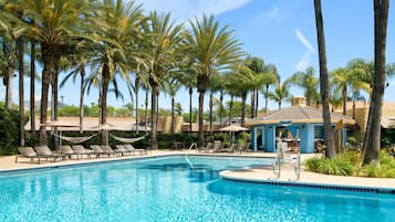 Outdoor pool, pool umbrellas, pool loungers