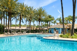Outdoor pool, pool umbrellas, sun loungers