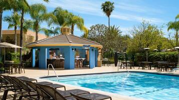Outdoor pool, pool umbrellas, pool loungers