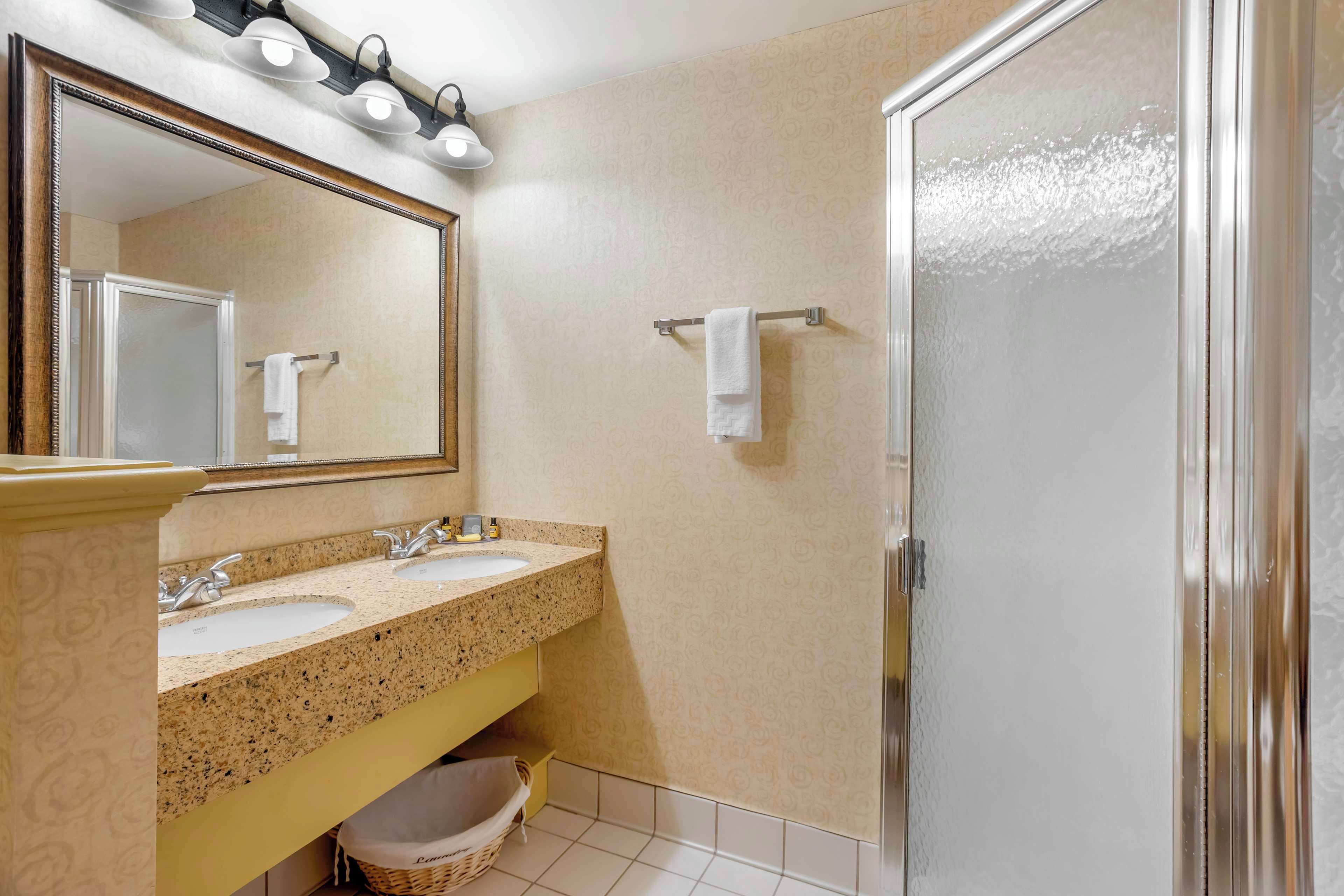 suite, 1 king bed, non smoking, jetted tub | bathroom | combined shower/bathtub, free toiletries, hair dryer, towels