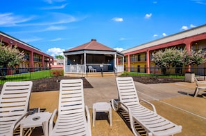 Seasonal outdoor pool, pool loungers