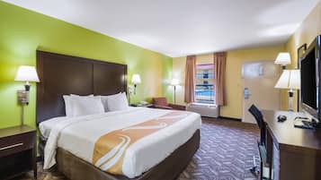 Desk, laptop workspace, blackout drapes, iron/ironing board