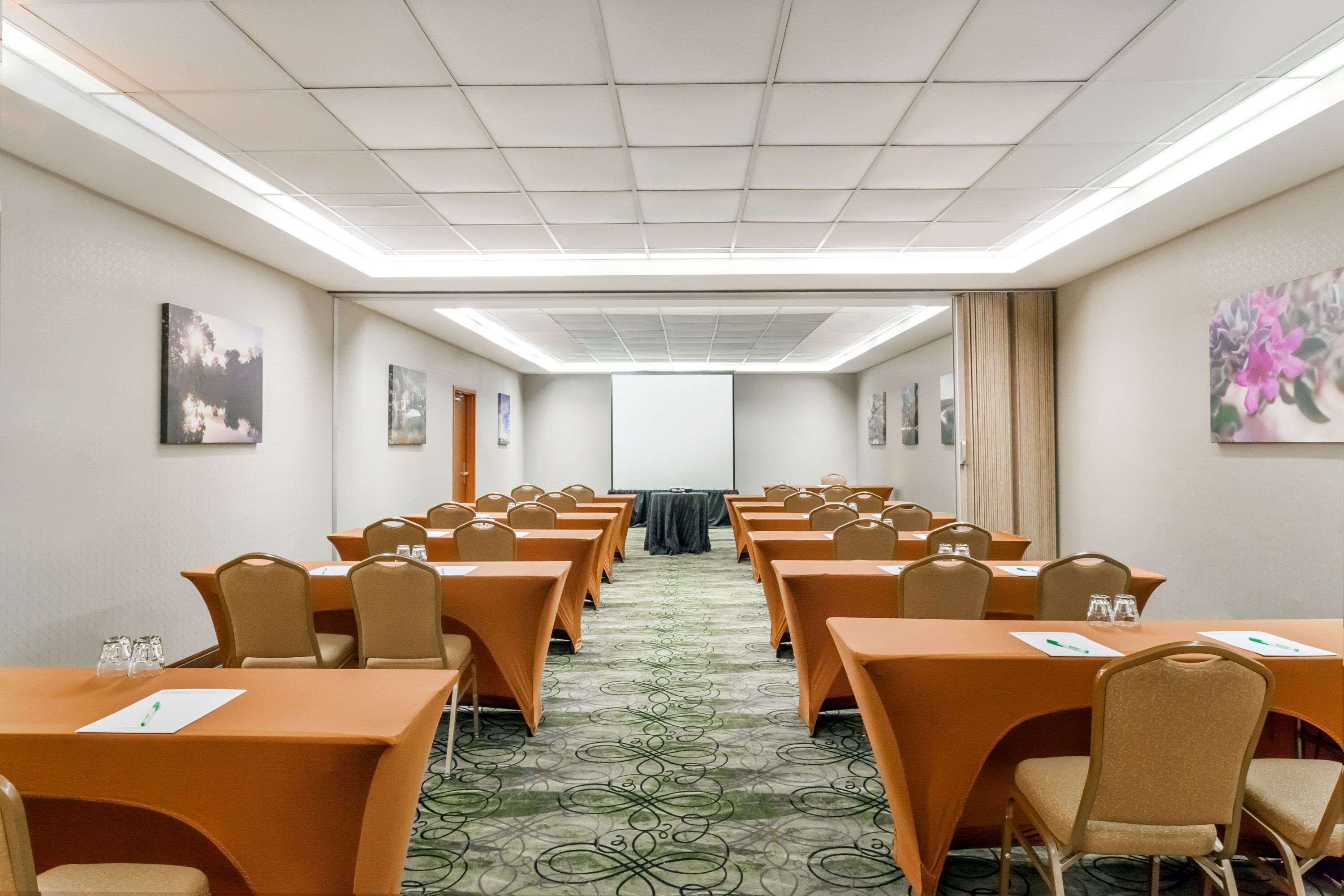 Une salle de conférence avec des rangées de tables et de chaises, un écran de projection et un sol recouvert de moquette.