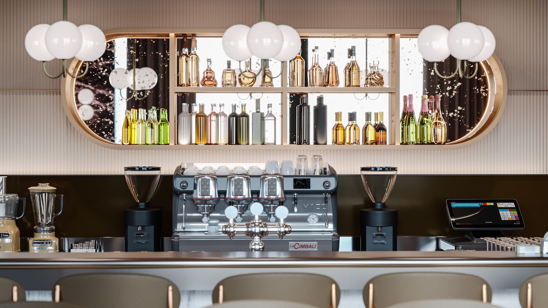 Un área de bar con una máquina de café, una pantalla digital y estantes llenos de botellas de licores.