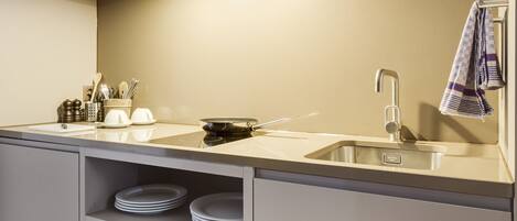 A modern kitchen with a built-in sink, stainless steel appliances, and neatly organized shelves.