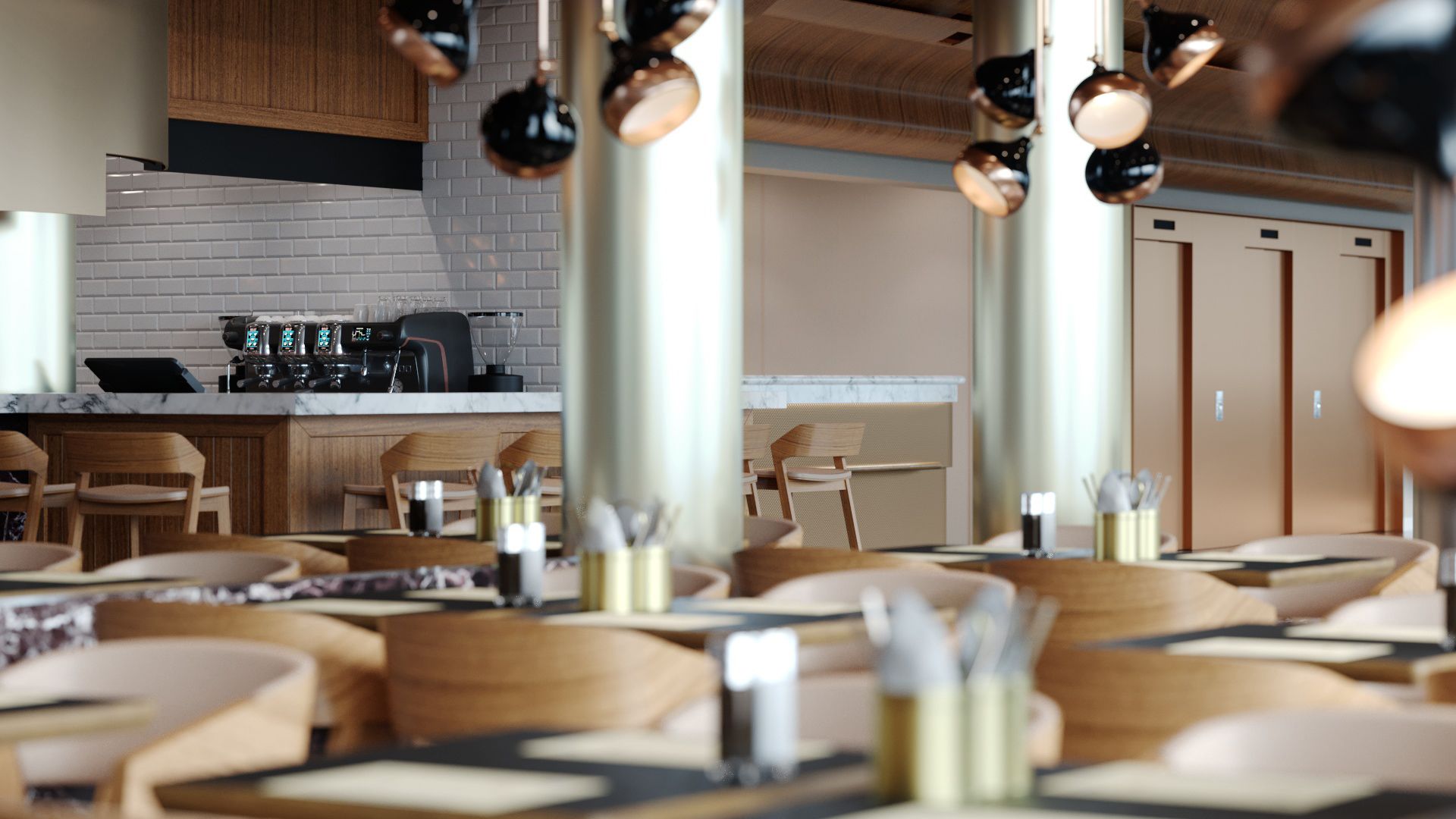 A modern restaurant with wooden furniture and pendant lighting.