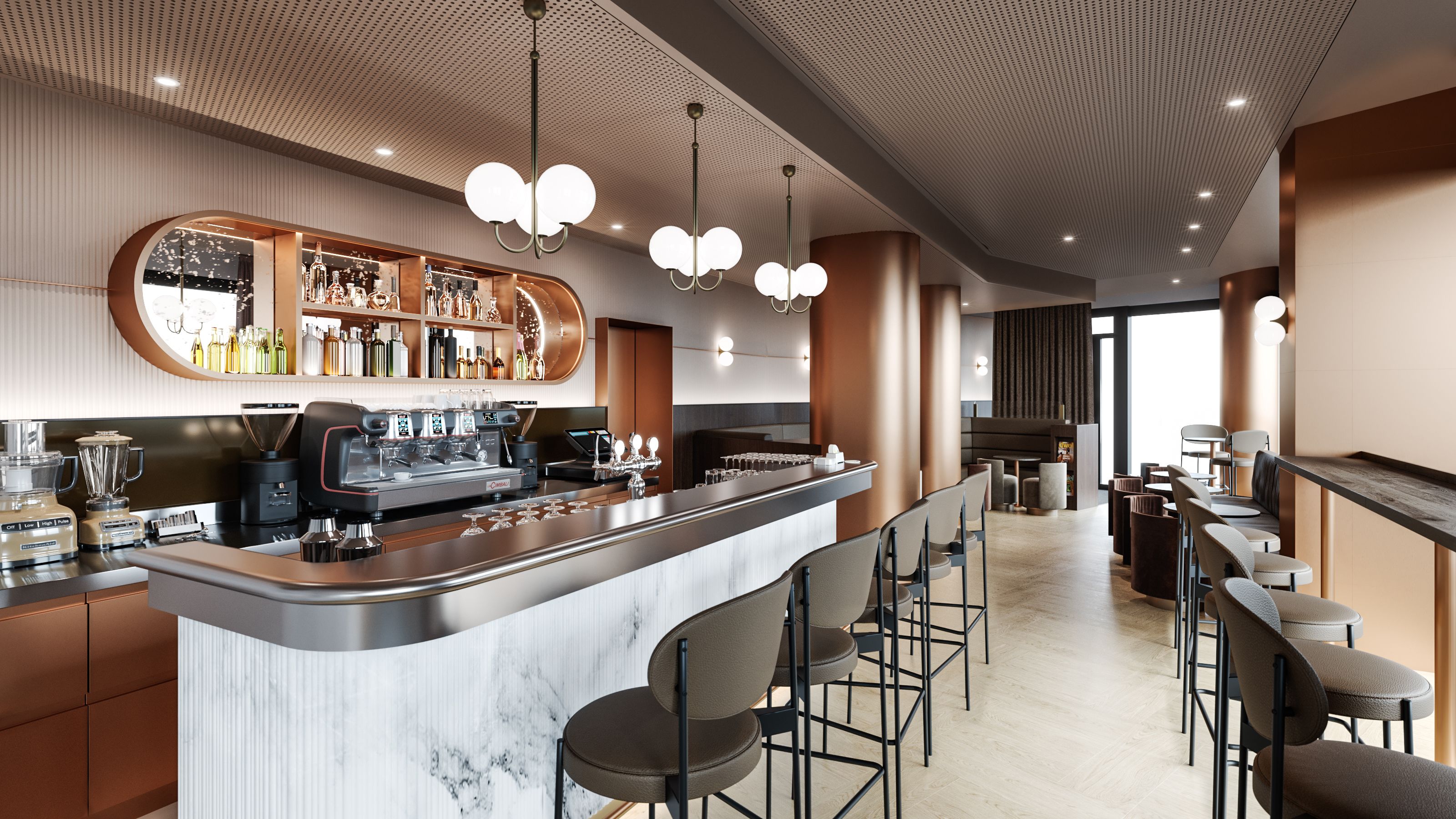 A modern bar area with a marble countertop, espresso machine, and bar stools.