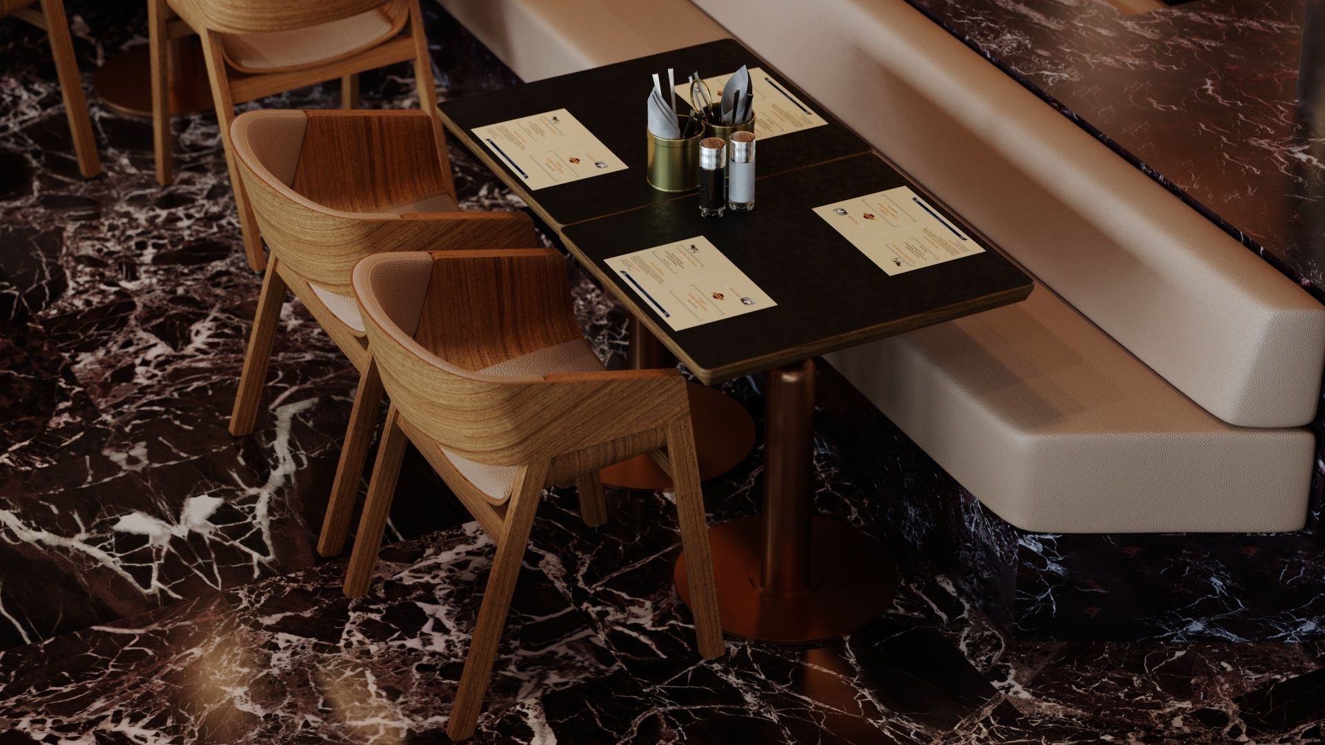 Un comedor con suelo de mármol, sillas de madera y un banco.