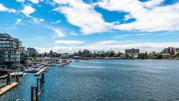 A marina with boats docked, a pier, and buildings in the background.