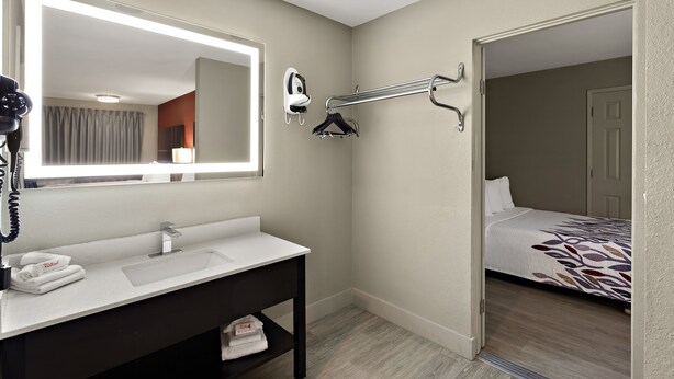 Une salle de bain d’hôtel avec un lavabo blanc, un miroir, un sèche-cheveux et un porte-serviettes.