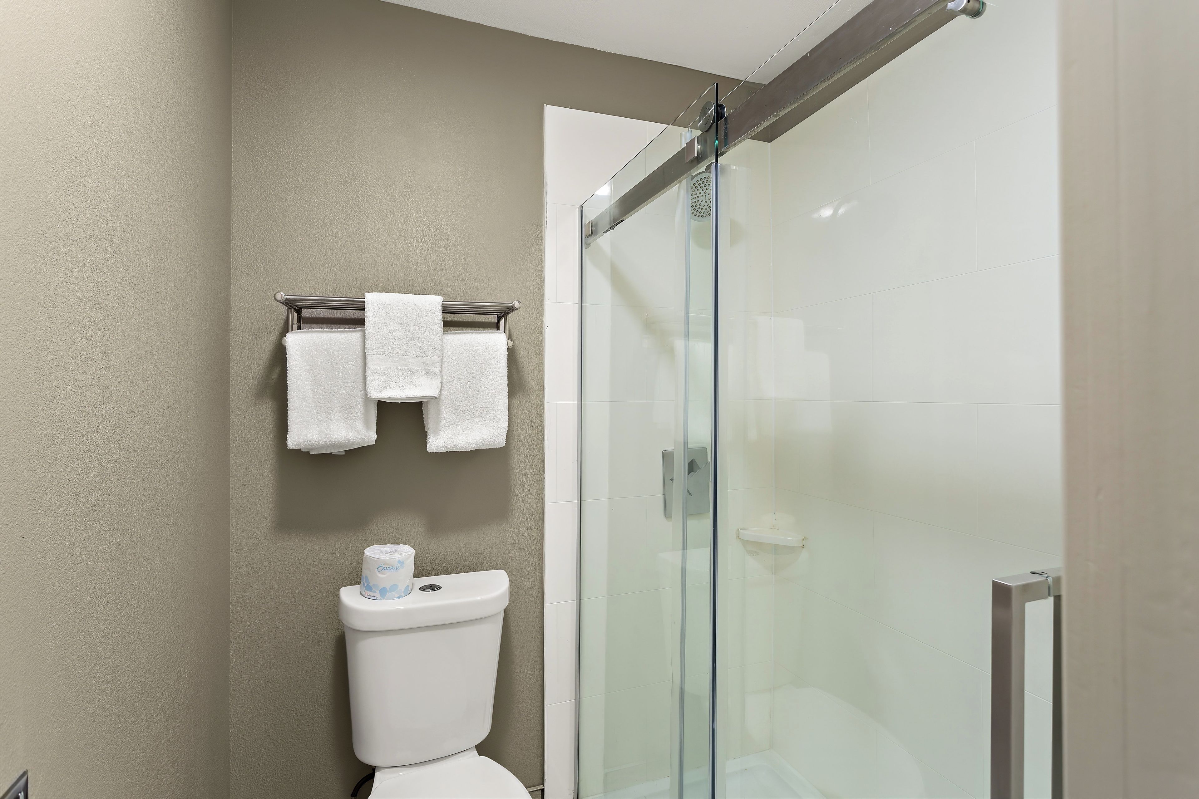 A bathroom with a toilet, a glass-enclosed shower, and a towel rack with two towels.