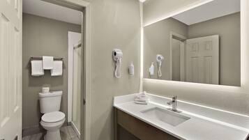 Une salle de bain équipée d’un WC, d’un lavabo, d’un miroir et d’un sèche-cheveux fixé au mur.