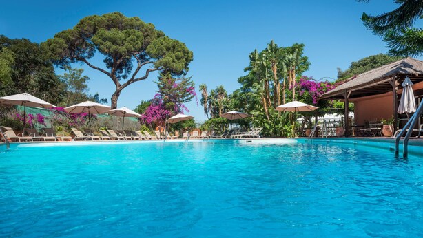 Una piscina azul cristalina con sillas de descanso y sombrillas, rodeada de árboles y una zona con sombra.