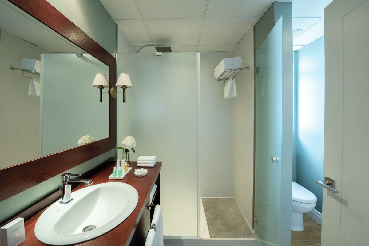 A modern bathroom with a large mirror, a sink, a shower, and a toilet.