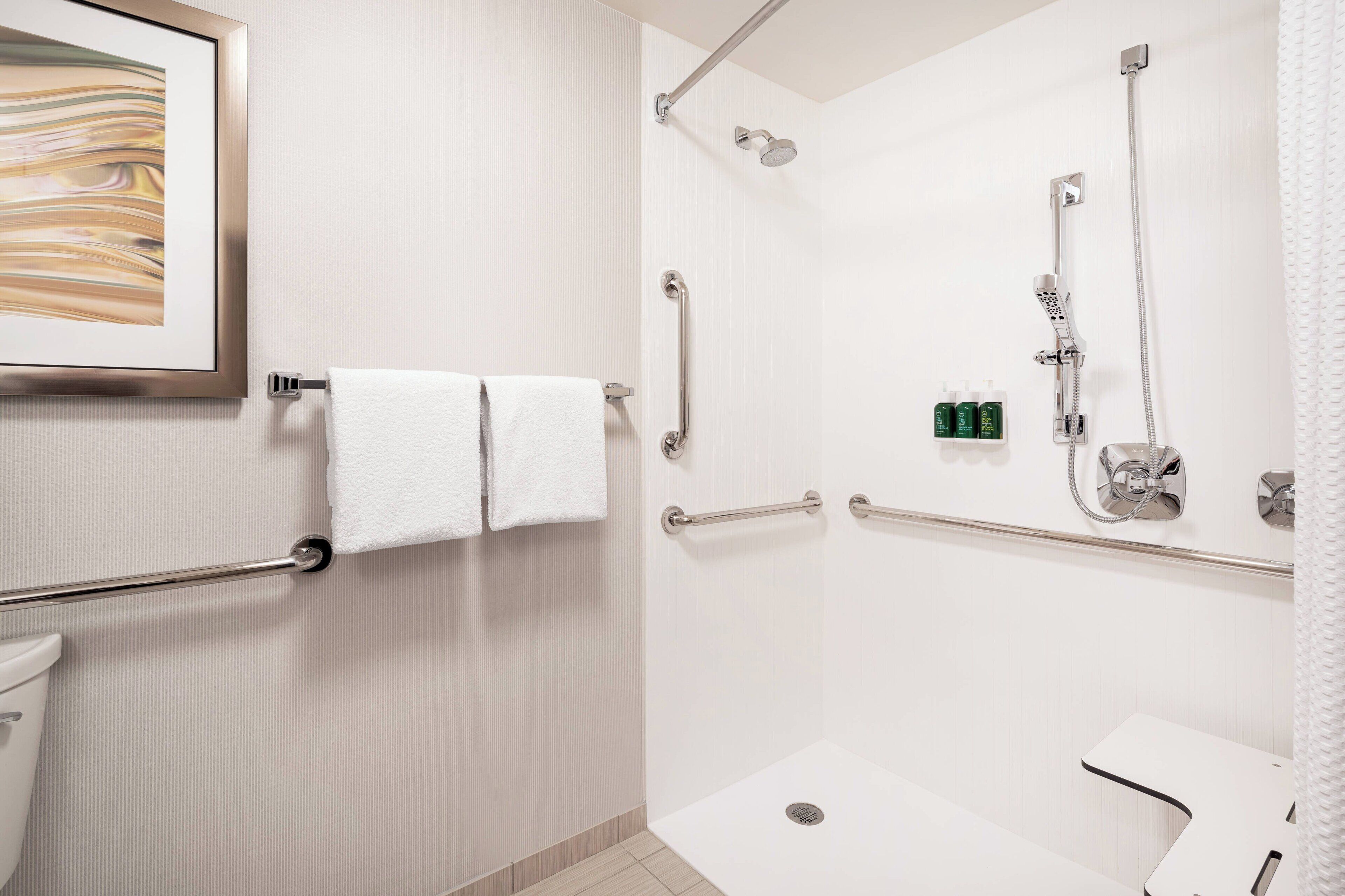 A modern bathroom with a shower, grab bars, a toilet, and a framed artwork on the wall.