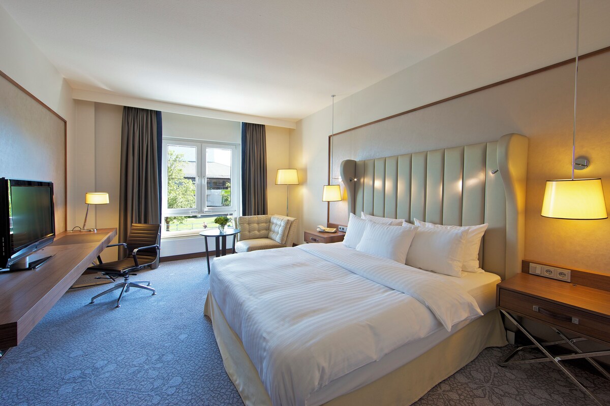 A hotel room with a large bed, a desk with a TV, a chair, a small table with a plant, and a window with curtains.