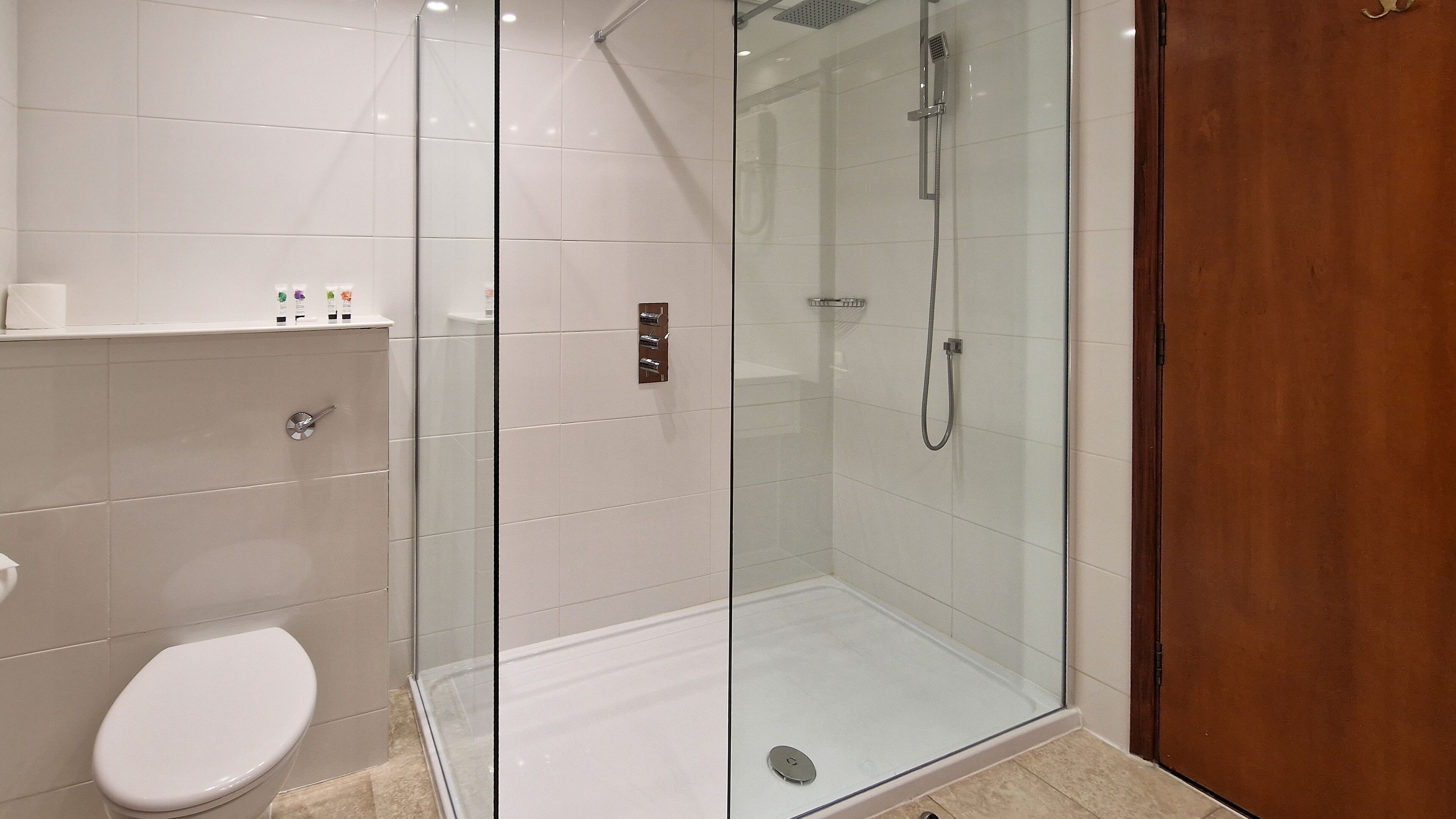 A modern bathroom with a glass-enclosed shower, a toilet, and a vanity with toiletries.