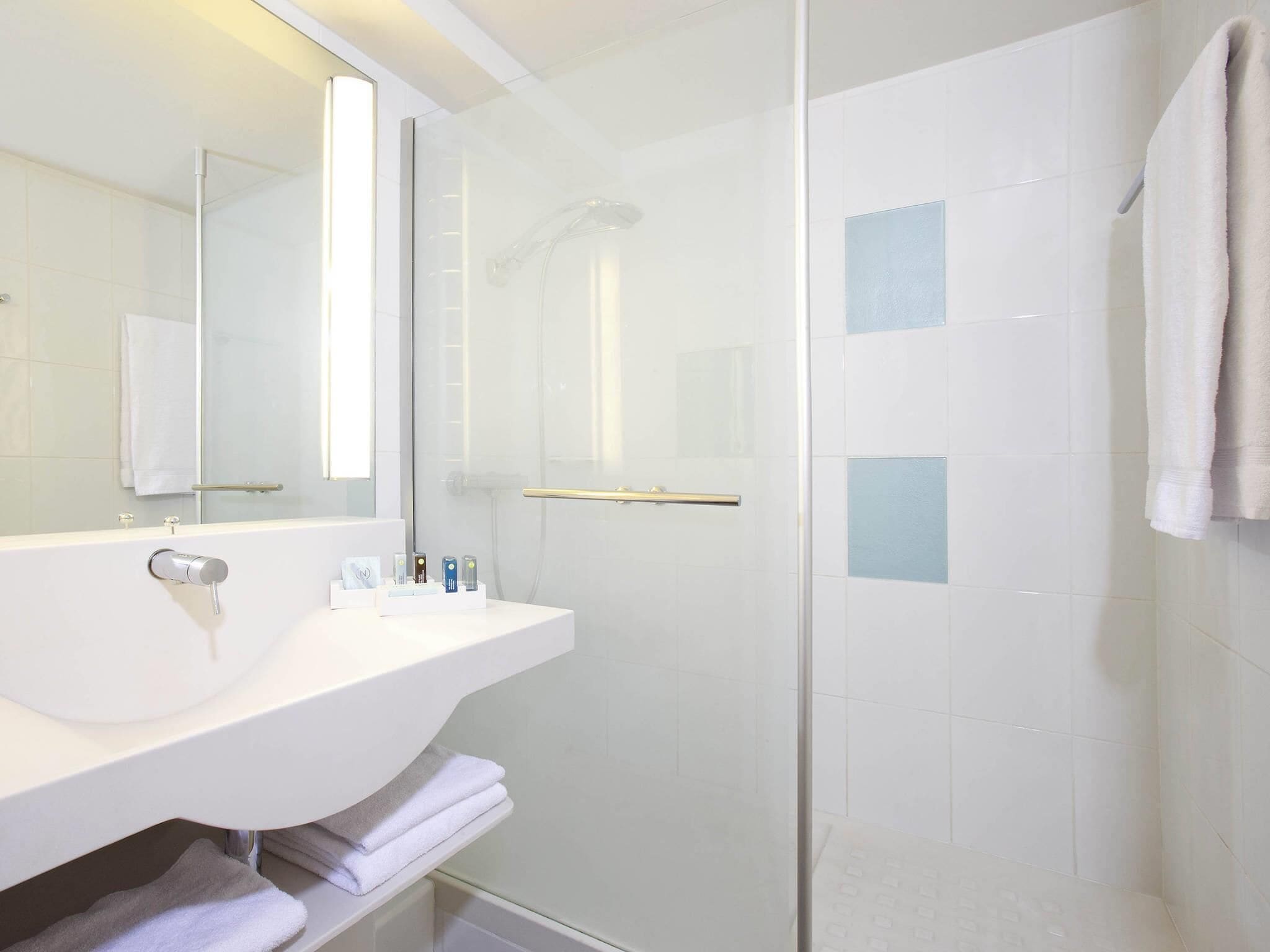 A modern bathroom with a glass shower enclosure, a white sink, and a mirror.
