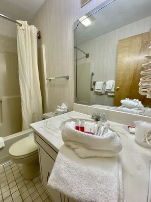 Combined shower/tub, hair dryer, towels