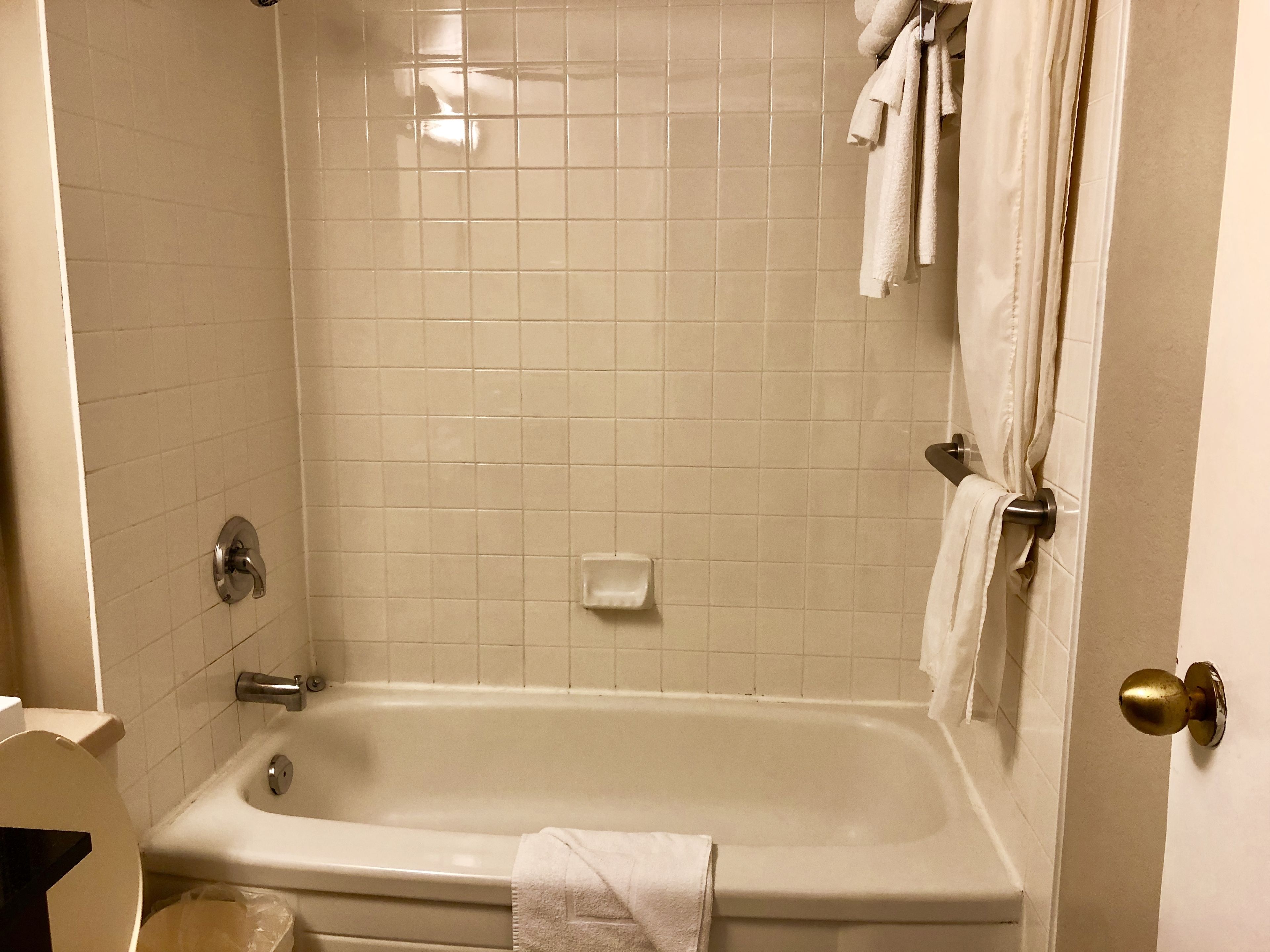 Een badkamer met een bad, toilet en douche.