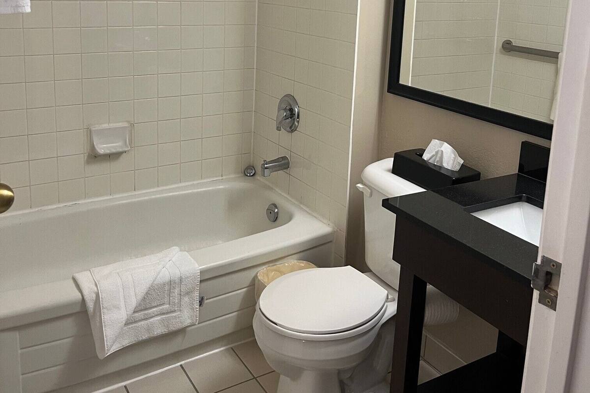 Une salle de bain avec une baignoire, des toilettes et un miroir.