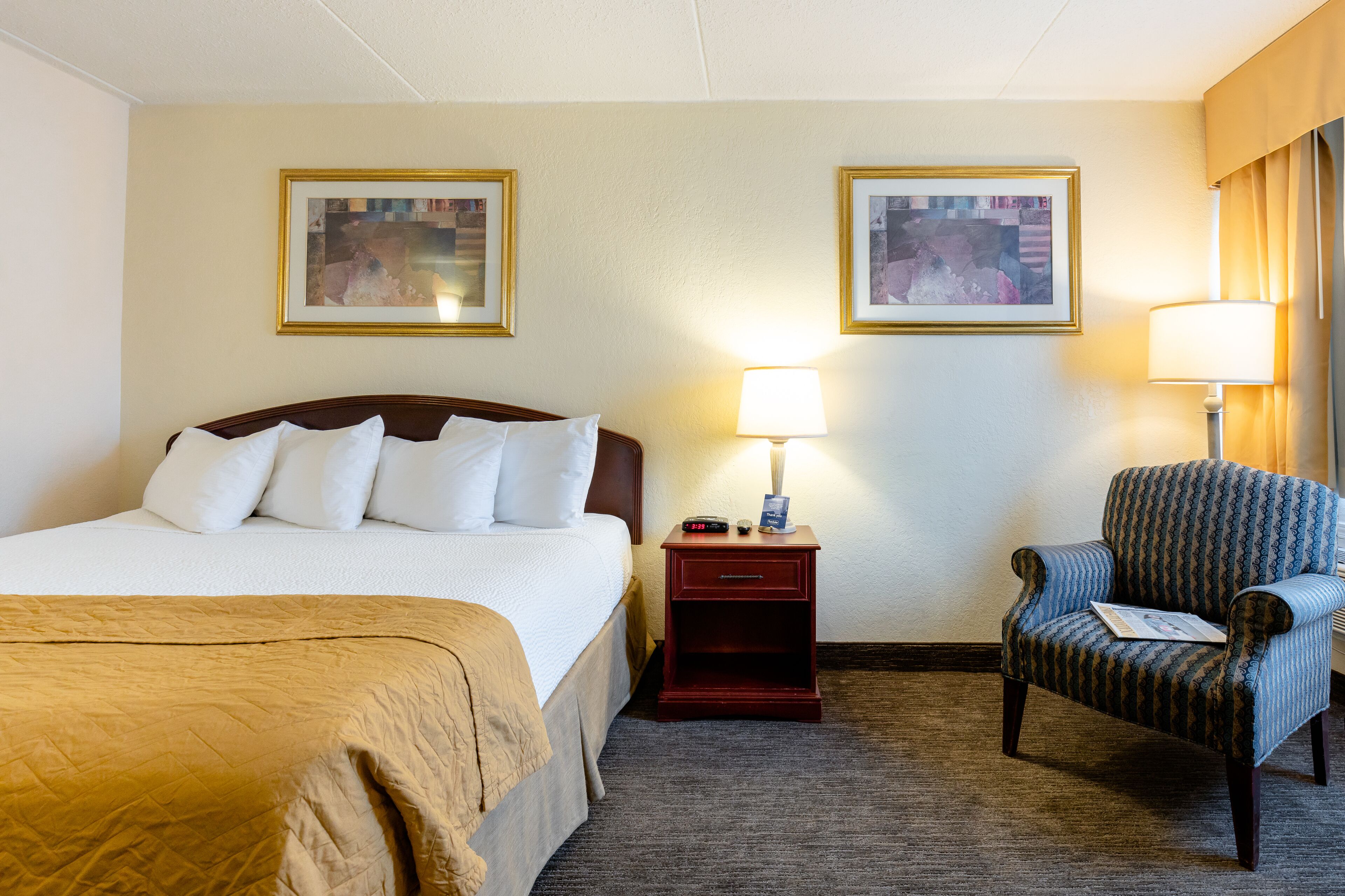 A hotel room with a large bed, a nightstand with a lamp, a chair, and two framed pictures on the wall.