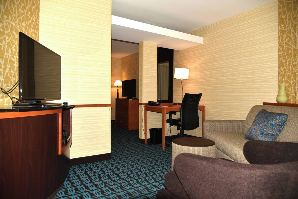 Habitación de hotel con televisión de pantalla plana, escritorio con silla, sofá y alfombra estampada.