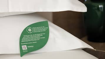Un cuscino con un'etichetta verde. L'etichetta riporta l'impegno dell'hotel per l'ambiente e istruzioni per gli ospiti sull'uso degli asciugamani.