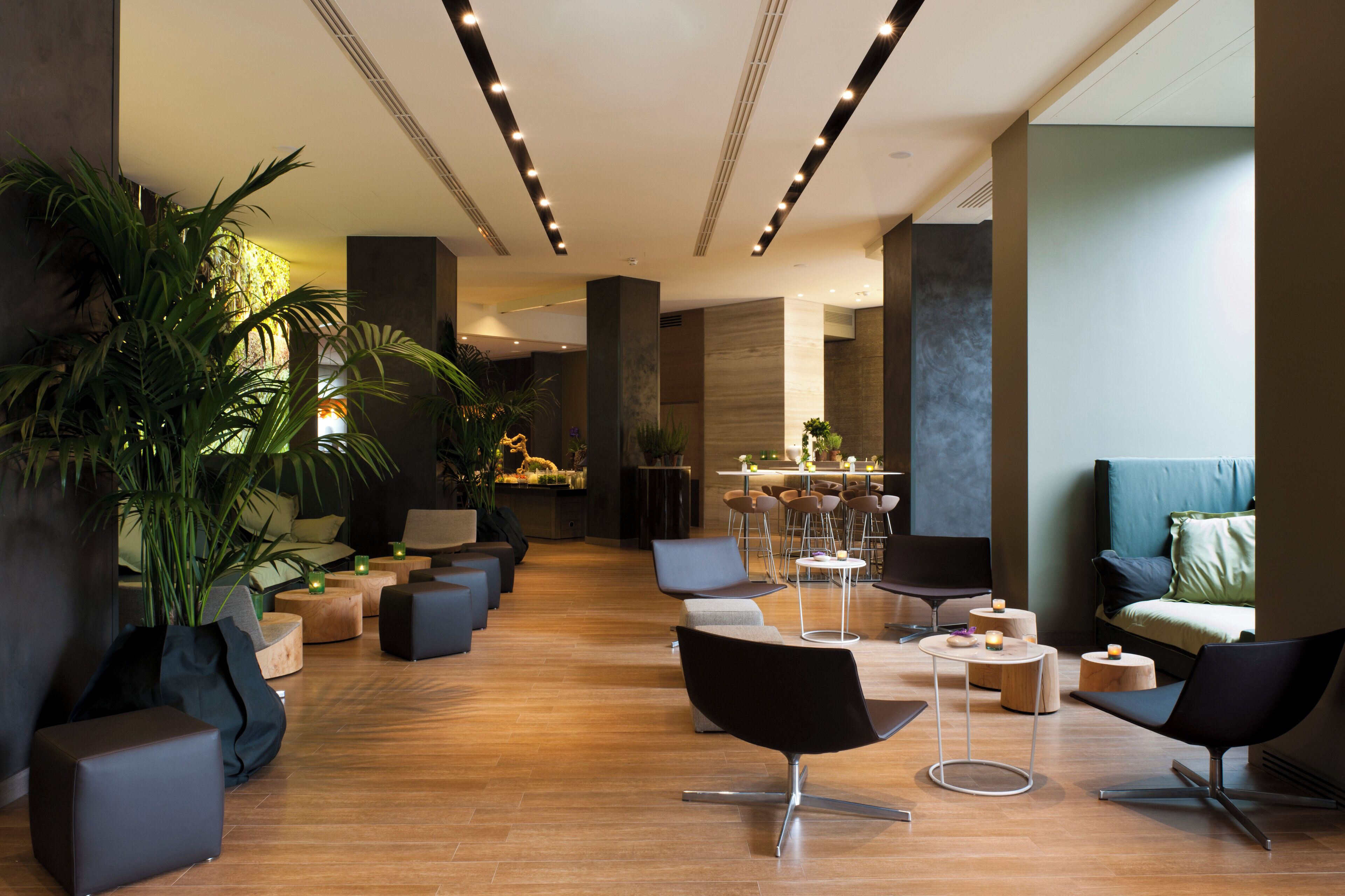 A modern lounge area with seating, a dining area, and potted plants.