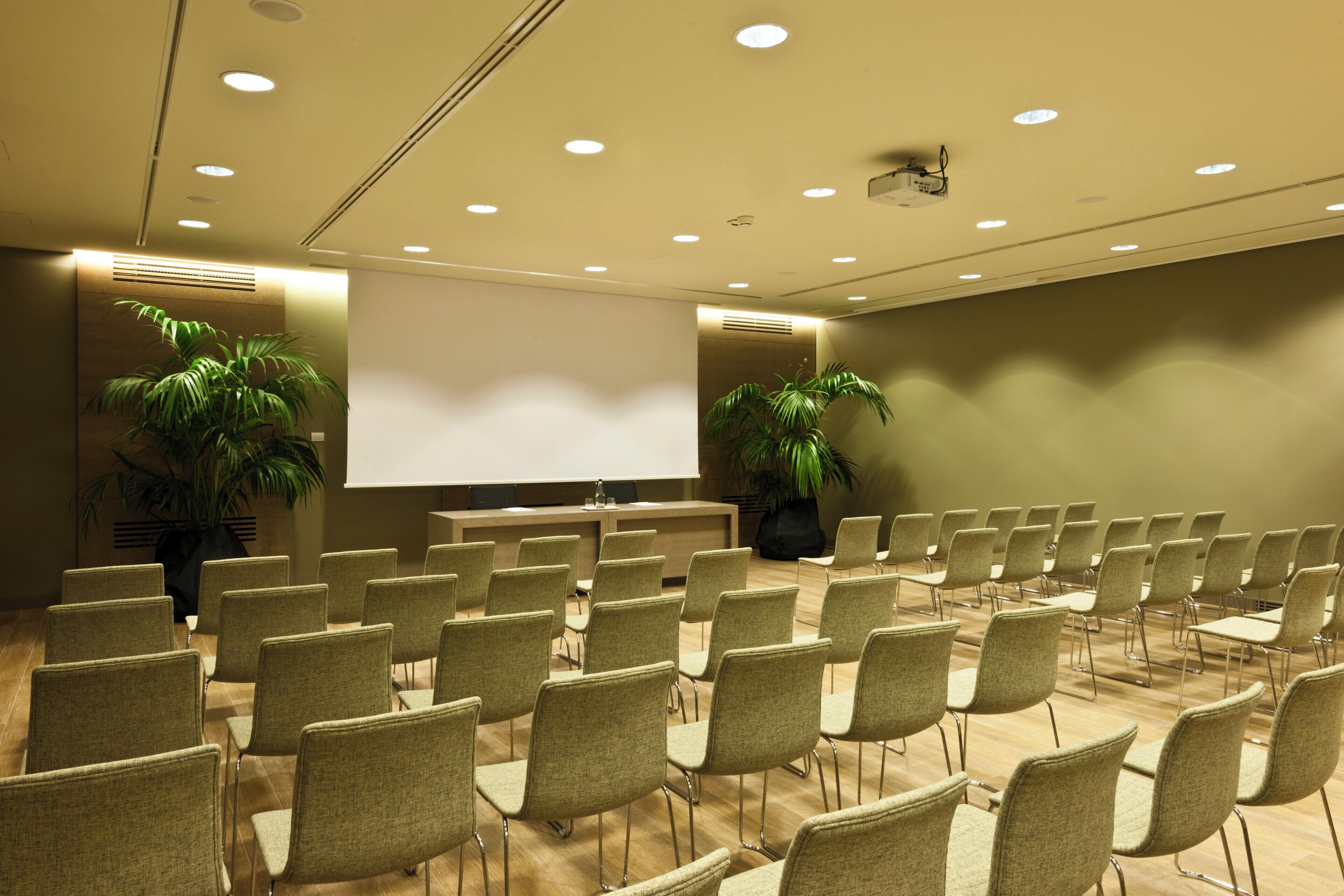 A conference room with rows of chairs, a large screen, and potted plants.