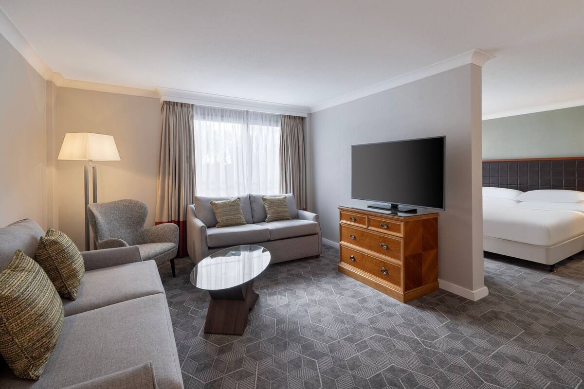 A hotel room with a sofa, armchair, TV, and a bed.
