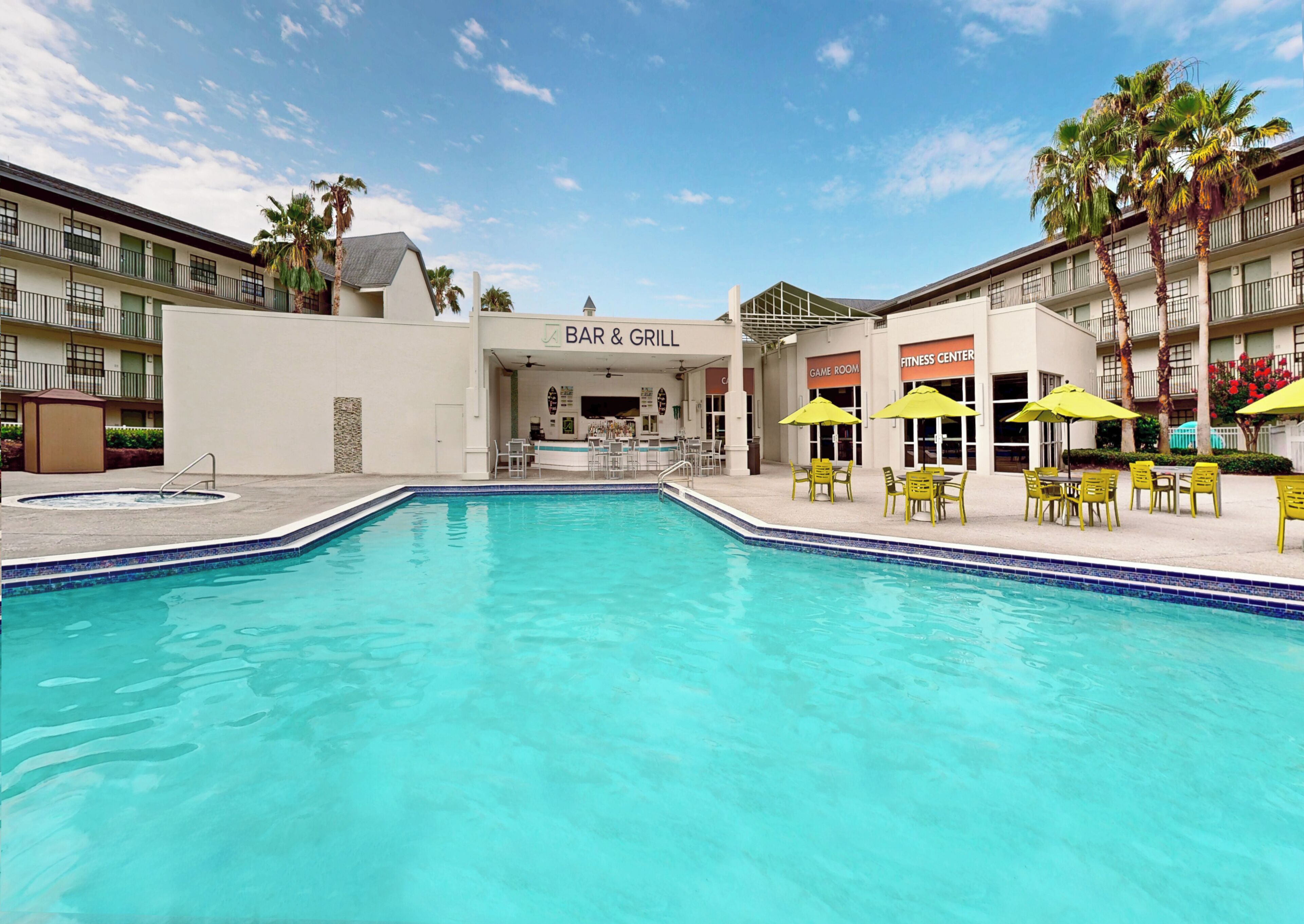 Breakfast, lunch, dinner served; pool views