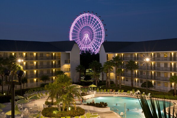 Outdoor pool, pool umbrellas, pool loungers