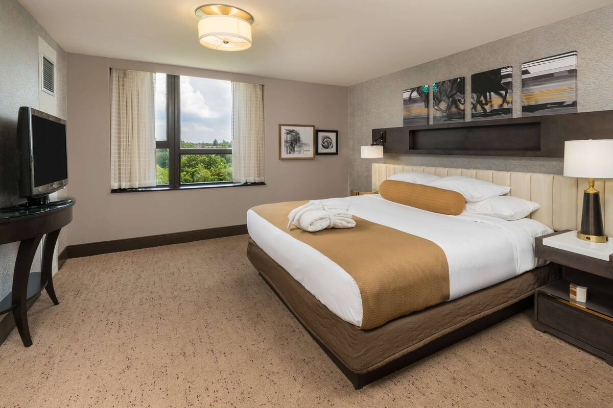 Une chambre d’hôtel équipée d’un lit, d’une télévision, d’un bureau, d’une lampe et d’œuvres d’art accrochées au mur.