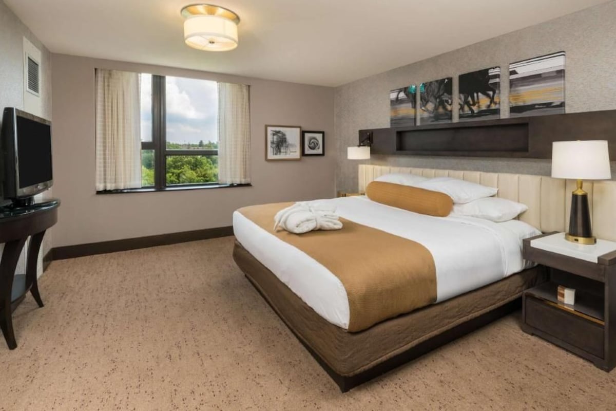 A hotel room with a bed, a TV, a window with curtains, and artwork on the wall.