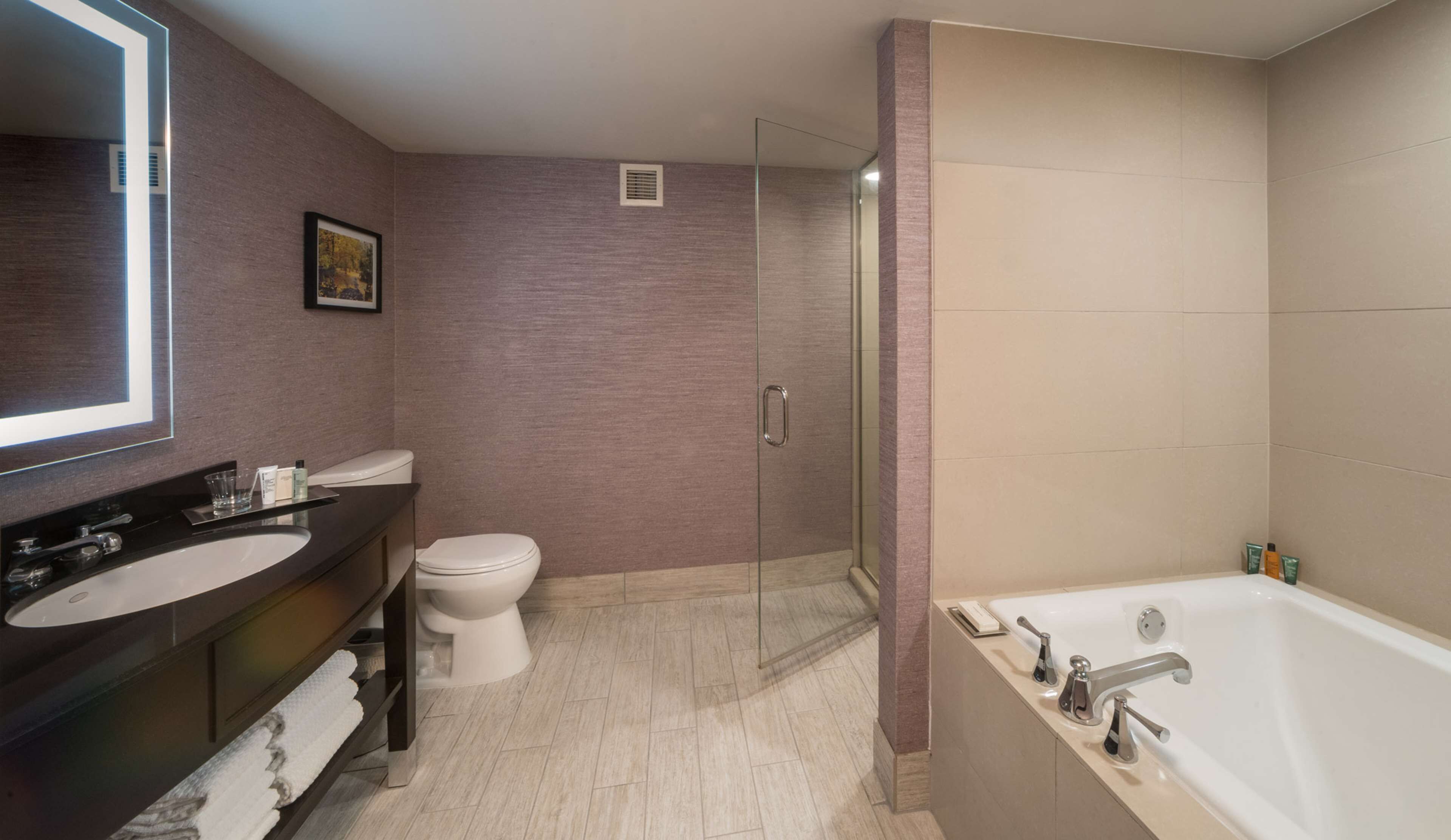 A modern bathroom with a large mirror, a bathtub, a toilet, and a glass shower enclosure.