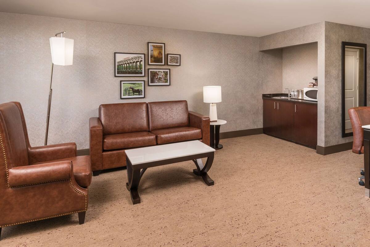 Une chambre d’hôtel avec un canapé en cuir marron, une petite table blanche, un fauteuil en cuir marron, un coin cuisine et une table à manger avec des chaises.